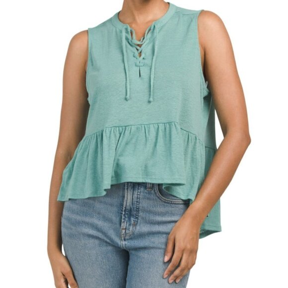 NWT Lucky Brand Women's Linen Sleeveless Tie Neck Hi Low Ruffle Hem Top - Picture 5 of 10